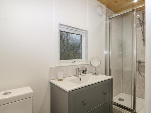 a white bathroom with a sink and a shower at Harvest Lodge in Haywards Heath