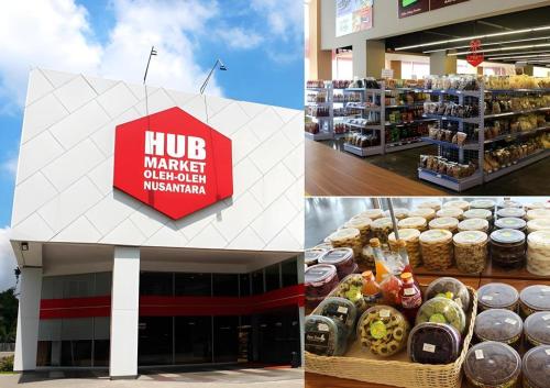 a collage of three pictures of a store at Wing Hotel Kualanamu Airport in Medan