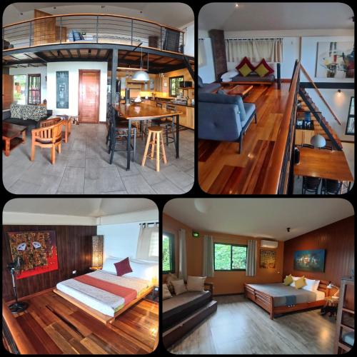 four different pictures of a living room and a kitchen at Kembali Vista Villa in Fernandez