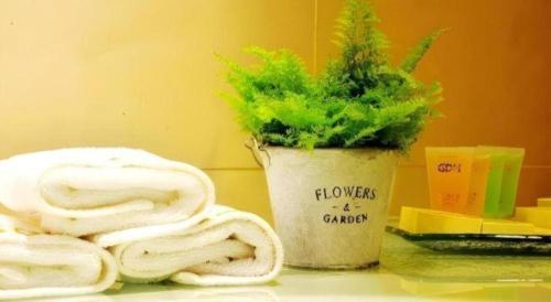 a potted plant sitting on a counter next to towels at OASIS AVENUE-A GDH HOTEL in Hong Kong