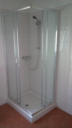 a shower with a glass enclosure in a bathroom at Rooms Agroturizam Romano in Buje