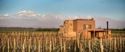 a building in the middle of a field with mountains at Rosell Boher Winery Lodge & Spa in Agrelo