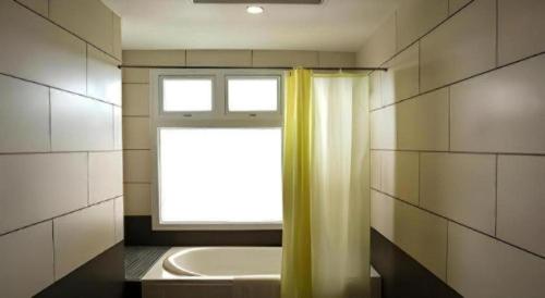 a bathroom with a window and a tub and a shower curtain at New Palace Bac Lieu Hotel in Bạc Liêu