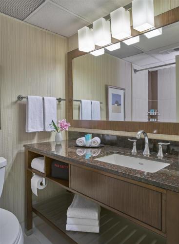 a bathroom with a sink and a large mirror at Hyatt Regency Milwaukee in Milwaukee