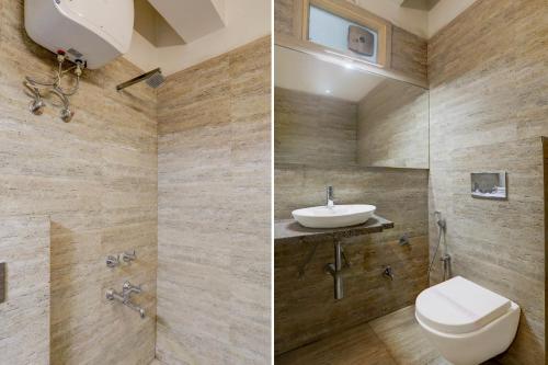 two pictures of a bathroom with a toilet and a sink at Super Collection O Haldwani Railway Junction Formerly Hotel Kanta in Haldwāni