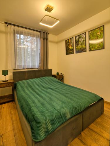 a bedroom with a large bed with a green comforter at Biwak Na Skarpie in Wola
