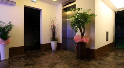 a hallway with two potted plants and a door at Java Hotel in Daejeon