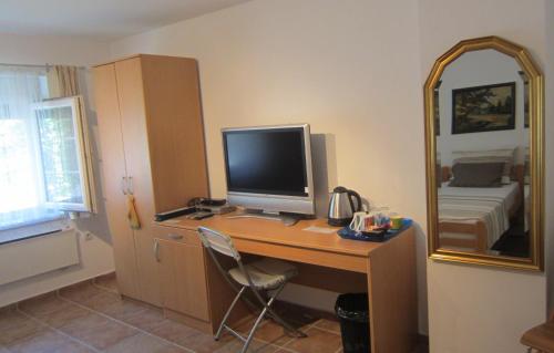 a desk with a computer on it with a mirror at Vila Sunce Morovic in Morović