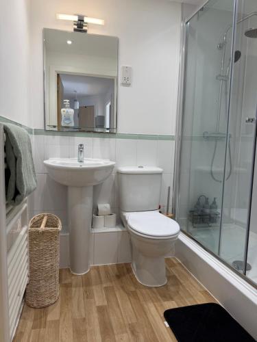 a bathroom with a toilet and a sink and a shower at Basingstoke Train Station Short Stay in Basingstoke