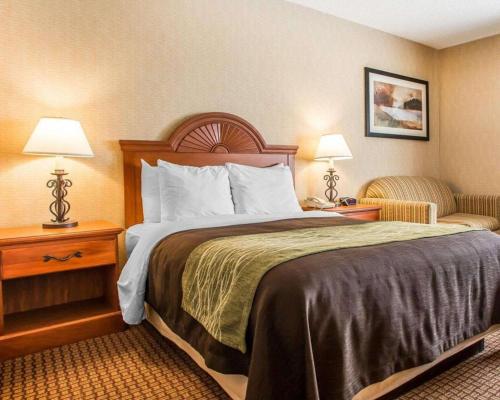 a hotel room with a large bed and two lamps at Quality Inn in Sidney