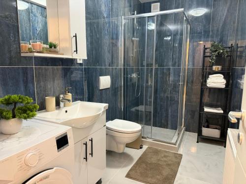 une salle de bain avec un lavabo et une douche dans l'établissement Sofia Residence - Otopeni Airport & Therme I Libertatii Gardens - free pool facilities, à Otopeni
