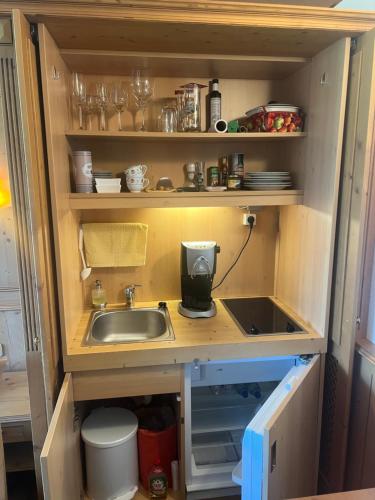 a small kitchen with a sink and a counter top at Bergzauber in Bad Goisern