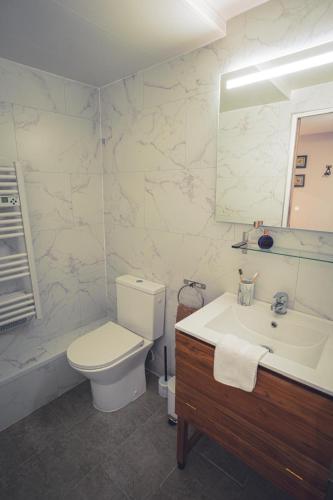 a bathroom with a toilet and a sink and a mirror at Le Petit Gite du Roy in Courlay