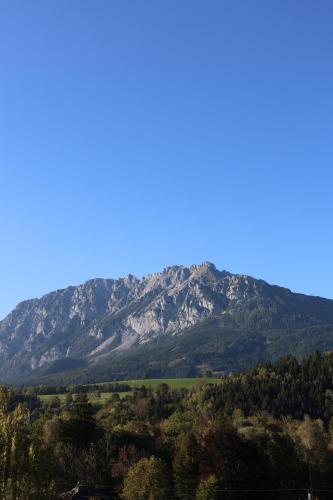a mountain in the distance with trees in the foreground at Alpen Experience Apart Hotel in Gröbming