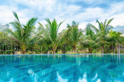 a large swimming pool with palm trees in the background at Wind Hills in Ấp Nhơn Ðúc