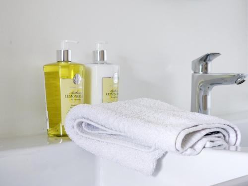 Una toalla sobre el lavabo del baño junto a un dispensador de jabón. en The Honeycomb on S 2 Bedroom Modern, Secure, Central Apartment, en Vosburg