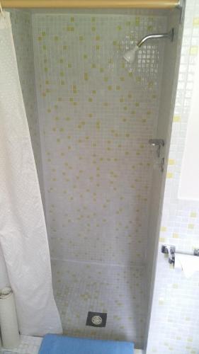 a shower in a bathroom with a tile wall at Evergreen Motel in Princeton