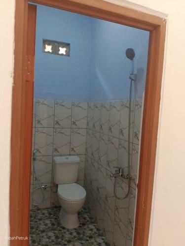 a bathroom with a toilet and a blue wall at Omahe Petruk in Borobudur