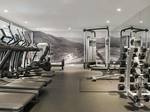 a gym with rows of tread machines and a mural at Pullman Adelaide in Adelaide