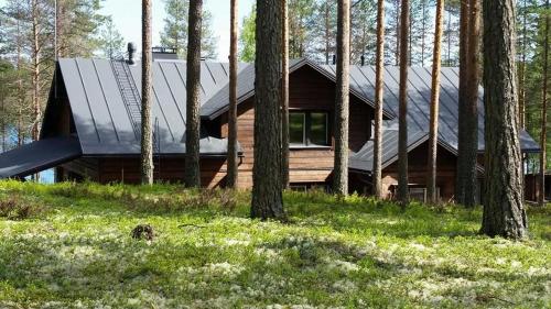 a log cabin in the woods with trees at Hideout Villa Hilikkula in Rokua