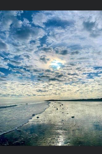 a beach with a cloudy sky and the ocean at Marsa's Place in Edisto Island