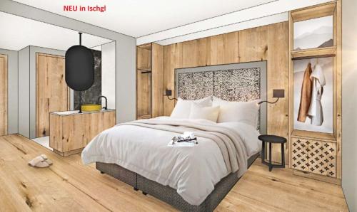 Un dormitorio con una cama grande con una pared de madera. en Aurum, en Ischgl