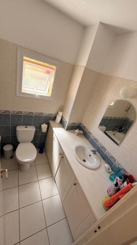 a bathroom with a sink and a toilet and a mirror at Private House in Paphos in Khlorakas