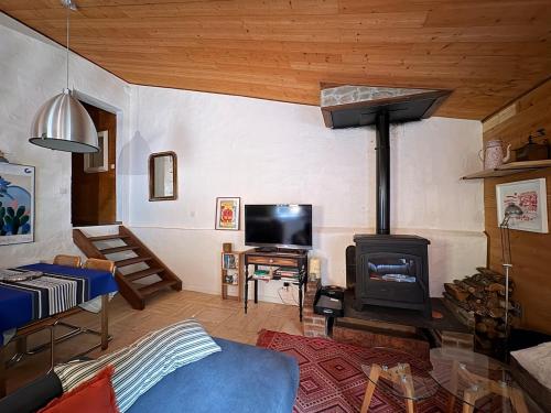 a living room with a fireplace and a tv at Maisonnette deux chambres au fameux PAS DE ROLAND in Itxassou