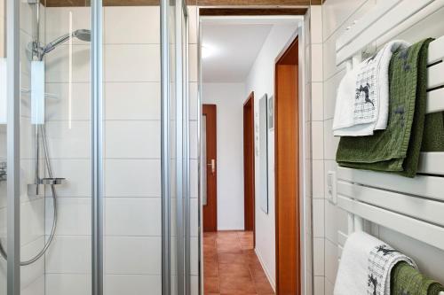 a bathroom with a shower and a glass door at Ferienwohnungen Tröndle in Weilheim