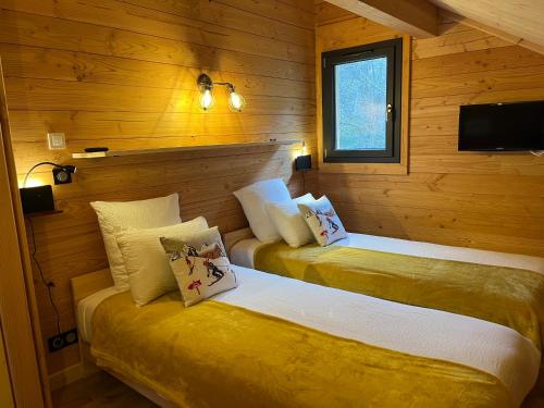 two beds in a room with wooden walls at La Biche in Saint-Martin-sur-le-Chambre