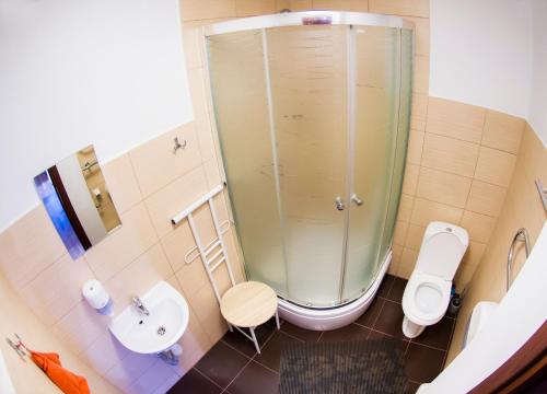 a bathroom with a shower and a toilet and a sink at Klaipeda Station Hostel in Klaipėda