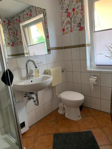 a bathroom with a white toilet and a sink at Olivia in Rheinsberg