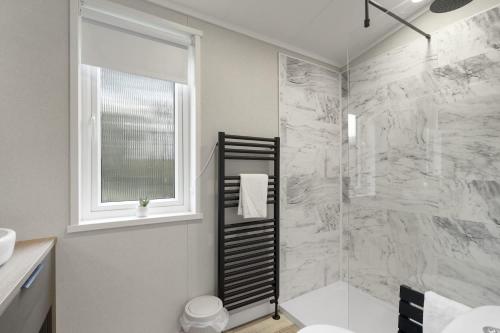 a bathroom with a shower and a toilet and a window at Modern Lodge nr Ilfracombe & Beaches in West Down