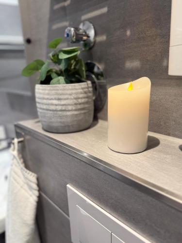 a candle sitting on a counter with a potted plant at Wohnung Bernstein in Burgtiefe auf Fehmarn 