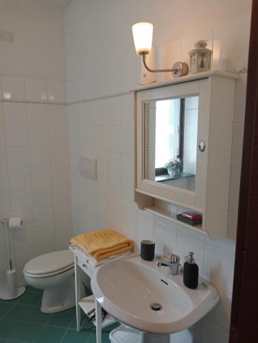 a white bathroom with a sink and a toilet at B&B Au Petit Bonheur in Saint Vincent