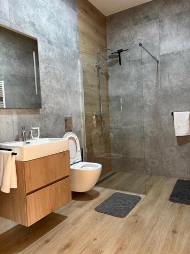 een badkamer met een wastafel en een glazen douche bij Apartmán Beatrice B308 in Veselé