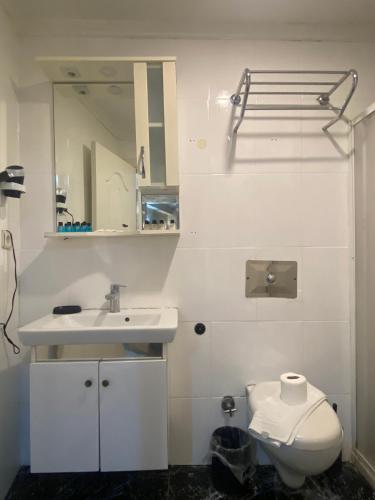 a bathroom with a sink and a toilet and a mirror at Amida&NurayHouseHotel in Istanbul