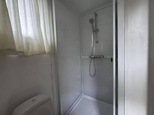 une salle de bain avec douche et toilettes et une fenêtre dans l'établissement Cozy wilderness cabin at Kynnefjäll close to lake SE09081, à Hällevadsholm