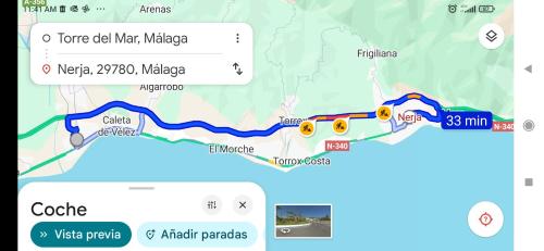 a map of a map of a road with aroute at 1 Hab, Confort 4 plazas a 180m Playa, PlazamarCentro 2 in Torre del Mar
