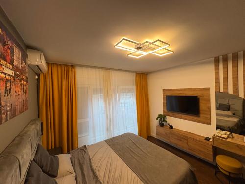 a hotel room with a bed and a television at Impresia apartments in Kragujevac