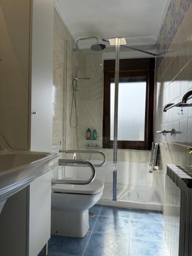 Un baño con inodoro, ducha y lavabo. en Vivienda Vacacional Los Campones, en Berrón