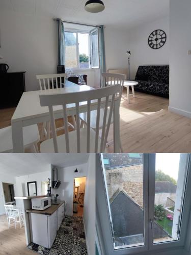 a living room and a kitchen with a table and a dining room at Charmant T2 - Hyper Centre - au calme - lumineux - vue jardin in Vannes