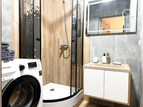 a bathroom with a washing machine and a sink at Central Best 2 bedrooms in Chişinău
