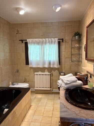 a bathroom with a sink and a bath tub at Hostal l´Ou de Reig in Montseny