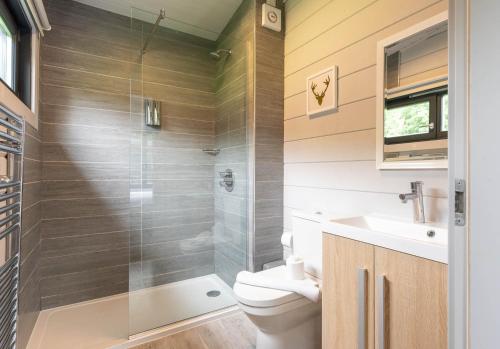 a bathroom with a shower and a toilet and a sink at Landal Aysgarth in Aysgarth