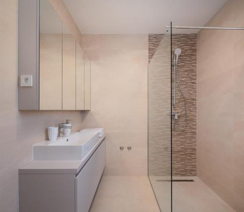 a bathroom with a sink and a glass shower at Luxury Villa San heated pool sauna in Sveti Filip i Jakov