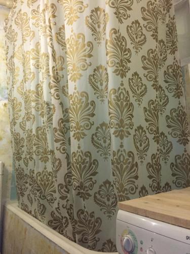 un bagno con tenda da doccia e lavatrice di Аpartment Centаr a Skopje