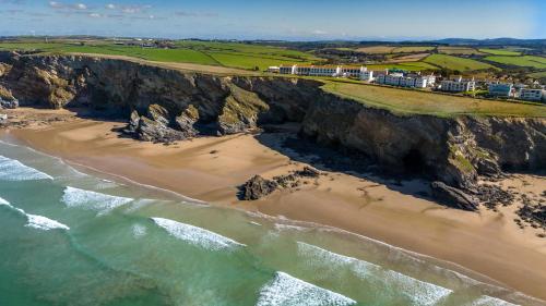 an aerial view of the ocean and a beach at SeaSpace in Newquay