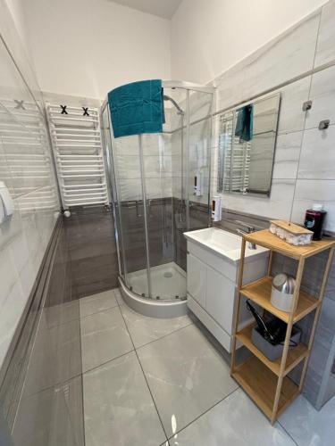 a bathroom with a shower and a sink at Apartamenty Łuczkowskiego z widokiem na Studnię 5 in Chełm
