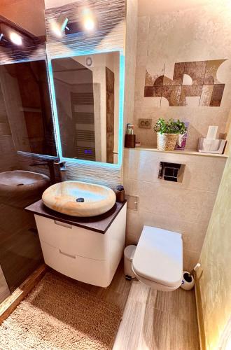 a bathroom with a toilet and a sink with a mirror at BTY Studio Lakás in Miercurea-Ciuc
